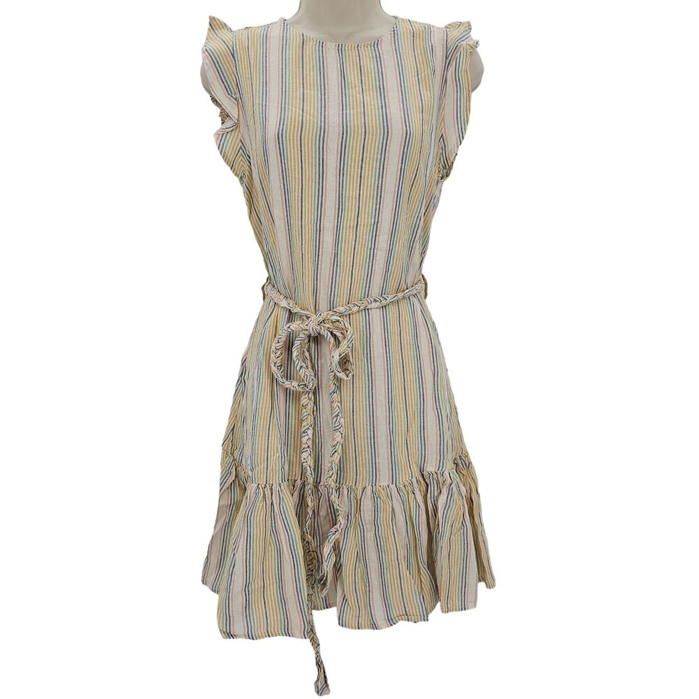 Marine Layer Womans size L Laney Beachy Mini Dress Stripe Beige Linen Blend NEW